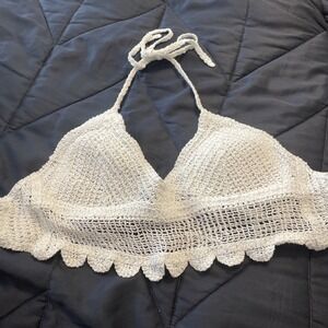 American Flirt White Crochet Halter Top Medium Cotton Boho Scalloped Hem